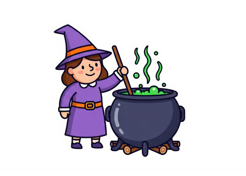 witch stirring cauldron, purple dress, halloween clip art preview