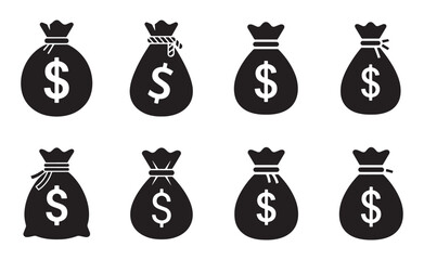 Money bag dollar icons silhouette vector
