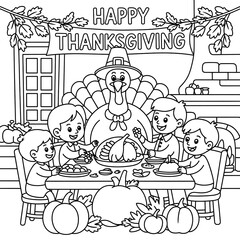 Thanksgiving Coloring Page with a Family and a Turkey