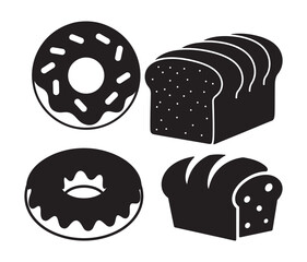 Donut and bread loaf bakery icons set silhouette vector