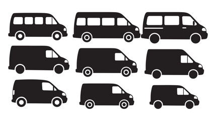 Van and minivan delivery transport vehicle icons set silhouette vector illustration