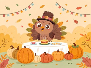 Happy Thanksgiving Illustration with an Adorable Turkey