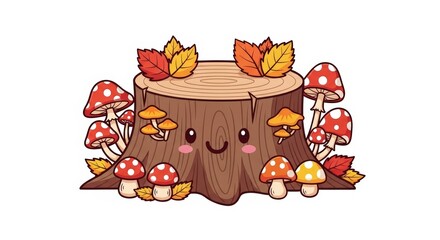 Fototapeta premium Cute Cartoon Tree Stump Character with Colorful Mushrooms and Autumn Leaves