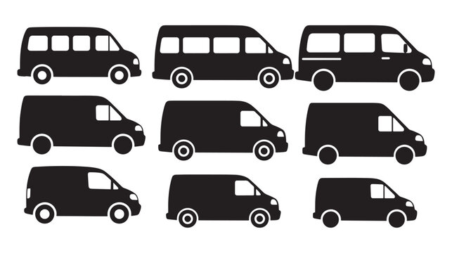 Van and minivan delivery transport vehicle icons set silhouette vector illustration