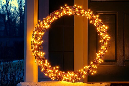 Twinkling fairy lights enhance a festive Christmas wreath on a cozy home entrance at night