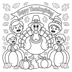 Thanksgiving Coloring Page with a Family and a Turkey