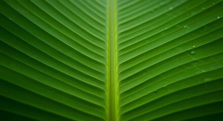 Close-Up of Vibrant Green Tropical Leaf Veins with Water Droplets: A Natural Texture Study, Focusing on Detail and Organic Form