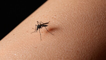 Obraz premium Close-up of a mosquito on human skin, highlighting the fine texture and details of the insect and skin surface