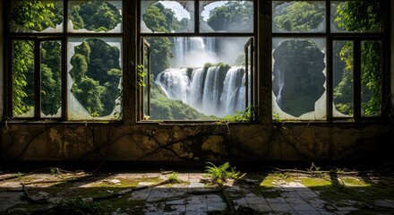 Waterfall serenity through a weathered window frame in an abandoned space evoking nature and decay