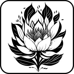Botanical illustration of a symmetrical lotus flower with ornate petals surrounding a flickering