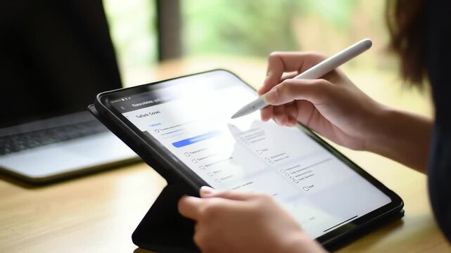 A woman's hands use a stylus pen to fill out an online survey on a digital tablet at a desk