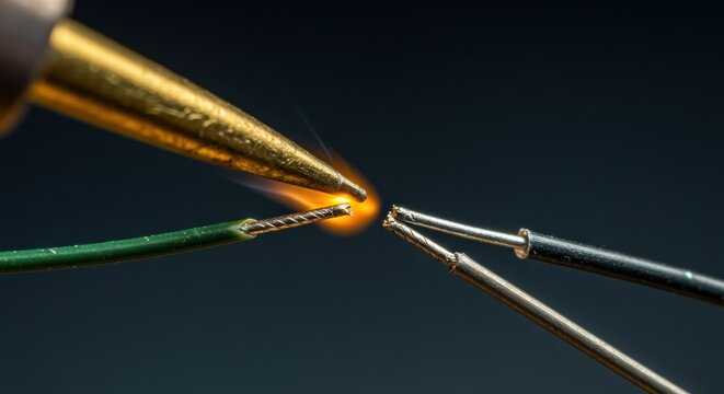 A close-up view showcasing a soldering iron melting solder onto wires. The wires are positioned for joining. Bright orange glow visible