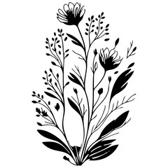 Botanical outline drawing showcases flora with delicate blossom in a whimsical floral display for