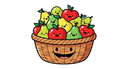 Happy Cartoon Apples and Pears in a Smiling Kawaii Fruit Basket Illustration Isolated on a White Background