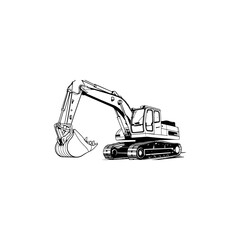 Silhouette of an excavator with an emphasis on its powerful structure and functional elements, stark white background 