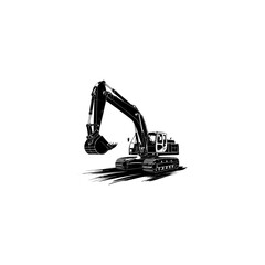 Silhouette of an excavator with an emphasis on its powerful structure and functional elements, stark white background 
