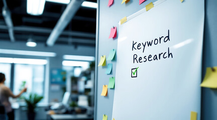 Whiteboard with keyword research written on it and a checklist in a modern office setting