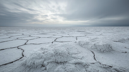 Hexagonal salt-stained patterns and salt mounds under gloomy sky, desolate landscape for geographical research and art creation