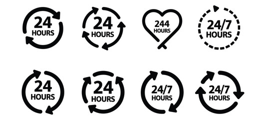 24 Hours and 24/7 Service Round and Heart Icons round the clock continuous