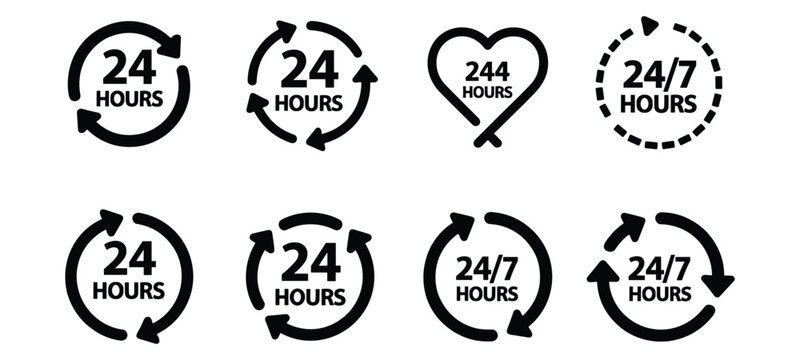 24 Hours and 24/7 Service Round and Heart Icons round the clock continuous