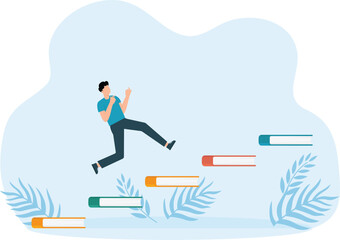 Businessman walking up on stair books and Startup Leadership, Growth and Achievement concept,
