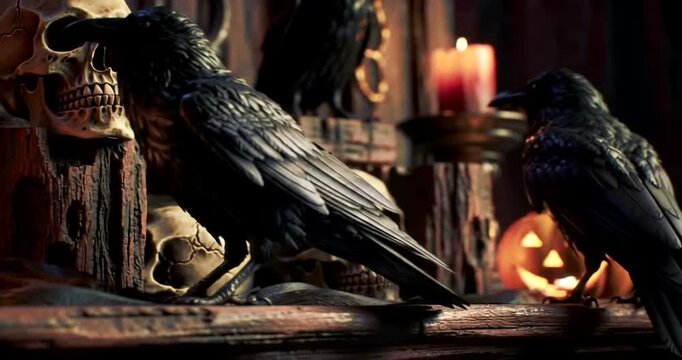 A spooky Halloween still life featuring two black ravens perched next to a human skull and a glowing jack-o'-lantern.
