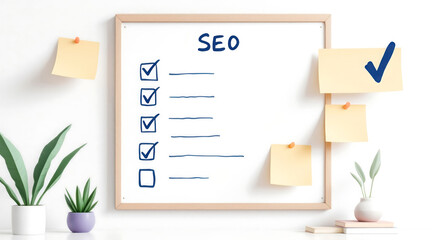 Whiteboard with seo checklist and completed tasks marked with checkboxes and sticky notes