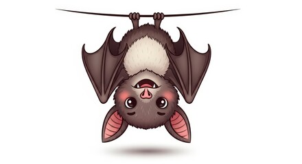 Obraz premium Cute Smiling Bat Hanging Upside Down Cartoon Illustration on White Background