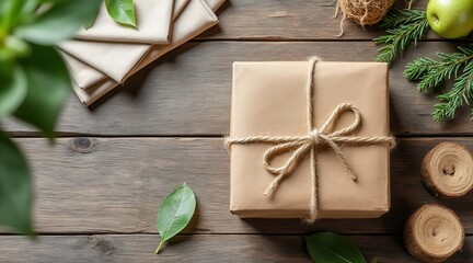 Rustic gift wrapped in kraft paper tied with twine on wooden surface