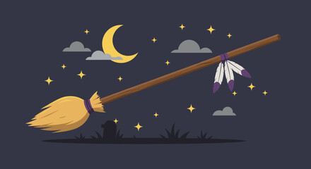 Fototapeta premium Witch Broomstick Flying Under Moonlight Vector Illustration