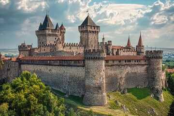 Fototapeta premium Castle with brightly shining walls stands cheerfully against a backdrop of majestic mountains and clear blue skies