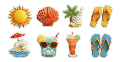Obraz premium Bright Summer Icons Featuring Sun, Shell, Drinks, and Flip Flops