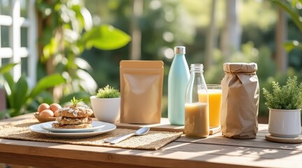 Healthy breakfast spread with fresh juices and baked goods on a wooden table outdoors