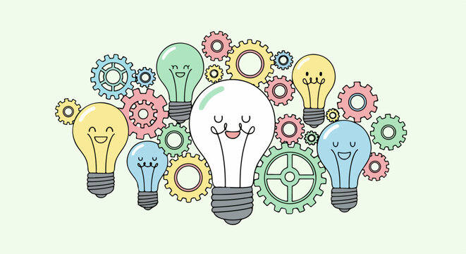 A group of happy, smiling light bulb characters working together with colorful gears, symbolizing teamwork, creativity, and brainstorming