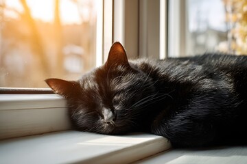 Black cat sleeping on windowsill.