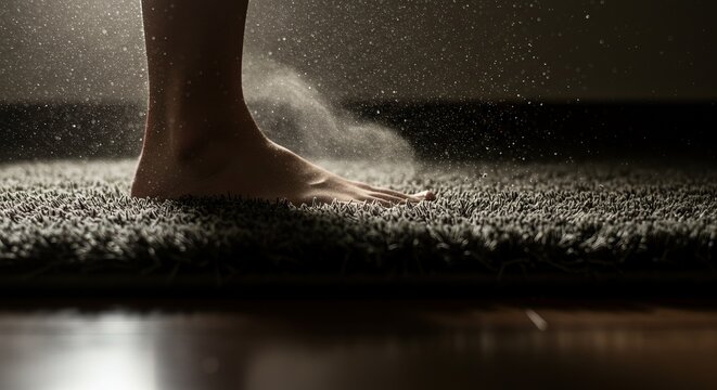 A bare foot presses into a plush, grey carpet, disturbing a cloud of airborne particles under dramatic backlighting.