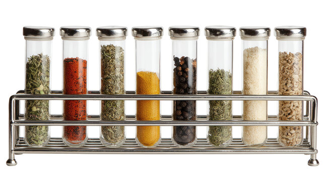 Metal rack holding test tube spice jars