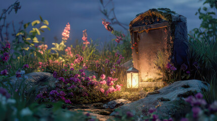 Fototapeta premium Weathered tombstone illuminated by candle lantern in overgrown cemetery at dusk