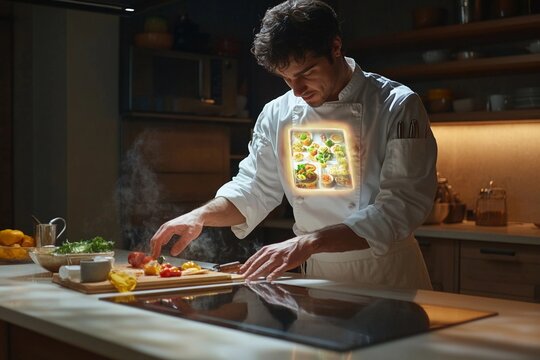 Chef engages with holographic recipe book while preparing meals in a modern kitchen
