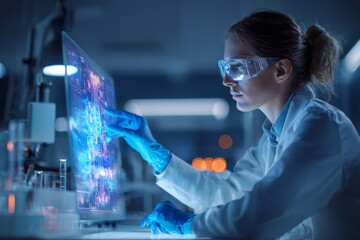 A dedicated scientist in safety goggles uses a transparent digital display to examine complex data in a bright lab. The atmosphere is focused and high-tech, showcasing innovation