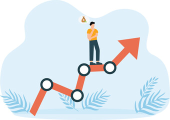 Businessman lies on growth graph and dreams about pile of money concept,
