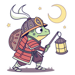 Obraz premium A brave samurai frog warrior character holding a glowing lantern on a night adventure, cute vector art isolated on white background