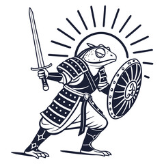 Heroic frog warrior in samurai armor holding a sword and shield. Black and white vector illustration of an anthropomorphic amphibian fighter