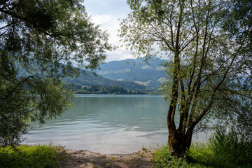 Au bord du lac de la Gruyère, la plage de Morlon et ses environs offrent un panorama sur les Préalpes fribourgeoises.