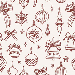 Hand drawn Christmas tree toys seamless pattern