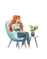 smiling girl with red hair lounge in soft armchair