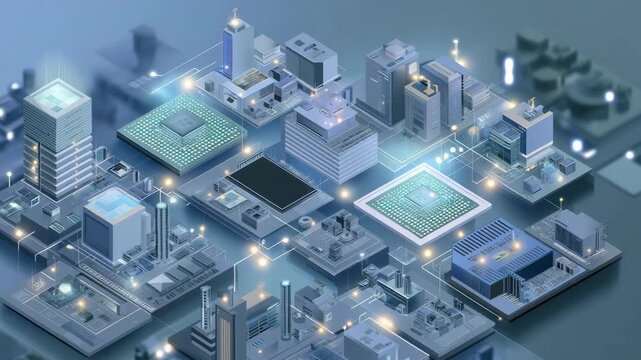 A cityscape with a large square in the middle, surrounded by many buildings. Flat infographic showing semiconductor manufacturing bottlenecks, semiconductor shortage clean muted blue tone
