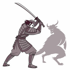 Samurai Warrior Confronts Shadow Demon with Katana - Vector Art