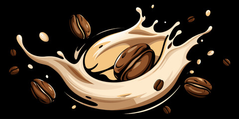 A dramatic close-up of roasted coffee beans swirling in mid-air with splashes of fresh milk, forming a dynamic vortex. The background is deep black, emphasizing the contrast between the dark coffee be