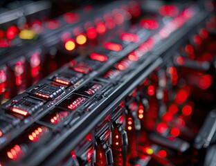 Close-up view of a dark, futuristic server rack with glowing red components